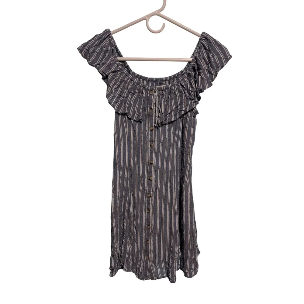 American Eagle Striped Dress Ruffle Off Shoulder Casual Button Front S - Picture 1 of 4